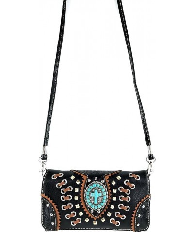 Floral Tooled Embroidered Western Turquoise Stone Cross Conceal Carry Handbag Purse Black Wallet Only $17.13 Shoulder Bags