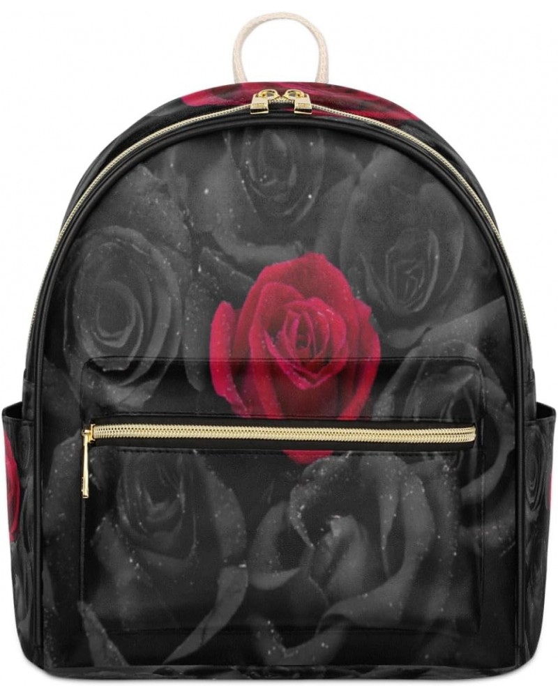 Rose Mini Backpack Purse for Women Teen Girls, Black and Red Roses Leather Small Backpack Lightweight Casual Travel Daypacks ...