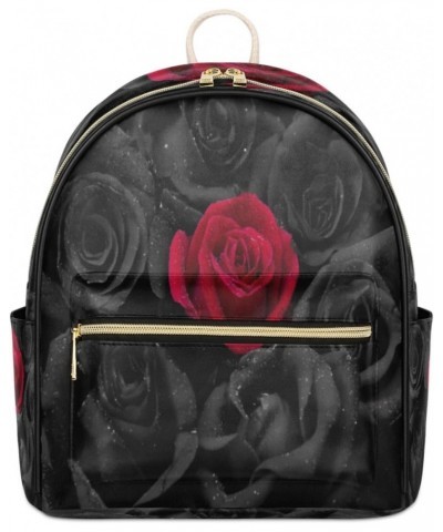 Rose Mini Backpack Purse for Women Teen Girls, Black and Red Roses Leather Small Backpack Lightweight Casual Travel Daypacks ...