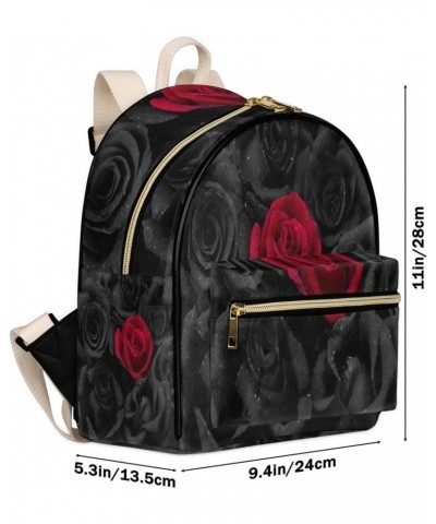 Rose Mini Backpack Purse for Women Teen Girls, Black and Red Roses Leather Small Backpack Lightweight Casual Travel Daypacks ...