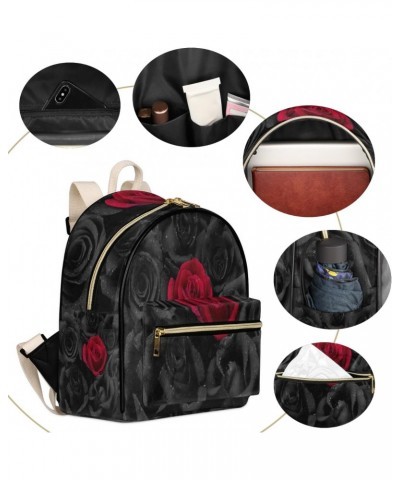 Rose Mini Backpack Purse for Women Teen Girls, Black and Red Roses Leather Small Backpack Lightweight Casual Travel Daypacks ...