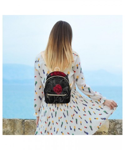 Rose Mini Backpack Purse for Women Teen Girls, Black and Red Roses Leather Small Backpack Lightweight Casual Travel Daypacks ...