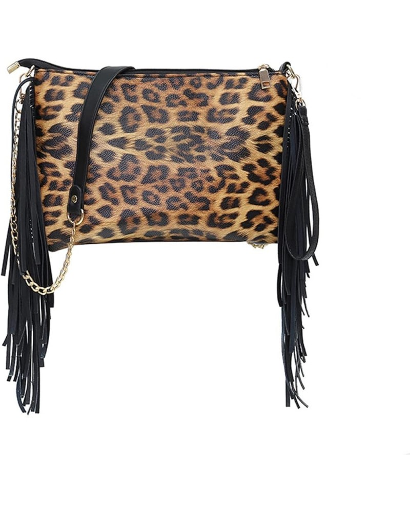 Women Leopard Shoulder Bag Chic Leather Side Tassel Fringed Hobo Envelope Crossbody Purse Clutch Satchel with Wristlet Leopar...