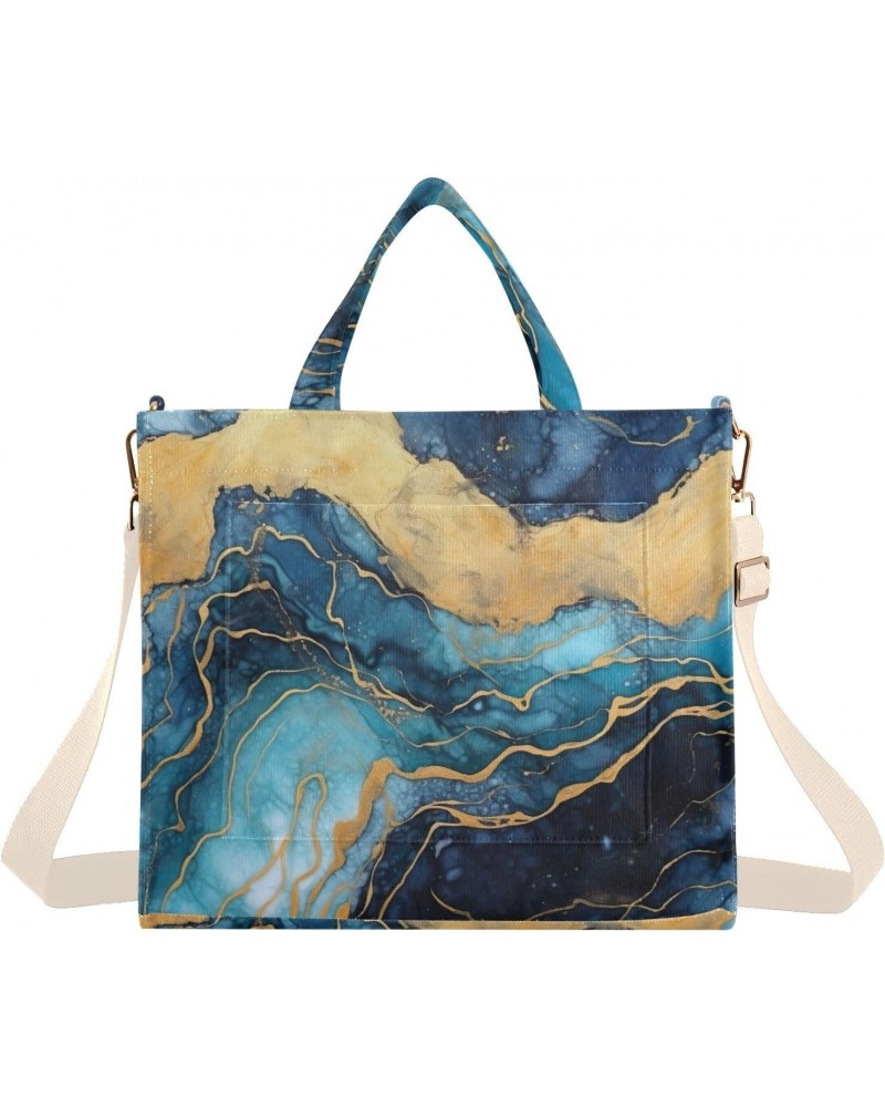 Blue Gold Marble Corduroy Tote Bag for Women Hobo Crossbody Bag Purse Stylish Shoulder Handbag Messenger Bags, S $13.15 Totes