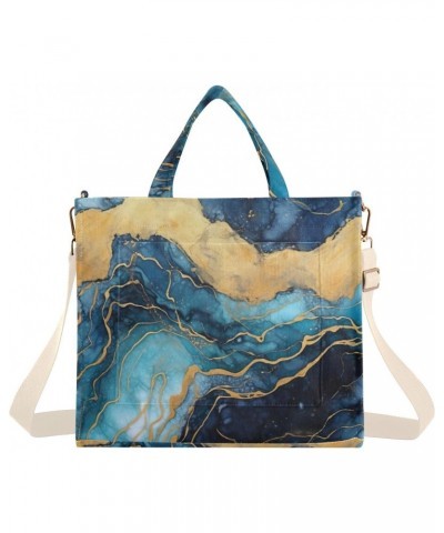 Blue Gold Marble Corduroy Tote Bag for Women Hobo Crossbody Bag Purse Stylish Shoulder Handbag Messenger Bags, S $13.15 Totes