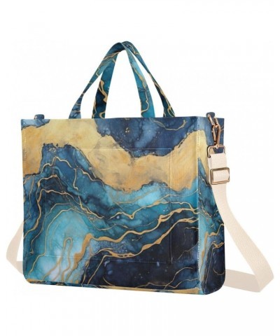 Blue Gold Marble Corduroy Tote Bag for Women Hobo Crossbody Bag Purse Stylish Shoulder Handbag Messenger Bags, S $13.15 Totes