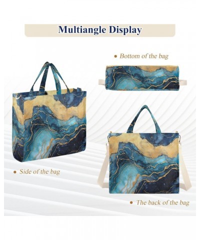 Blue Gold Marble Corduroy Tote Bag for Women Hobo Crossbody Bag Purse Stylish Shoulder Handbag Messenger Bags, S $13.15 Totes