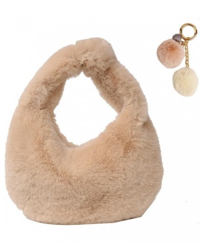 Cute Fuzzy Cluth Handbag for Women Soft Knotted Fluffy Tote Bag with Plush Pendent Y2K Faux Fur Hobo Bag with Zipper (white) ...