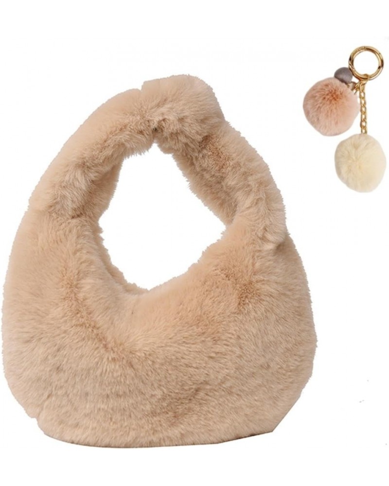 Cute Fuzzy Cluth Handbag for Women Soft Knotted Fluffy Tote Bag with Plush Pendent Y2K Faux Fur Hobo Bag with Zipper (white) ...