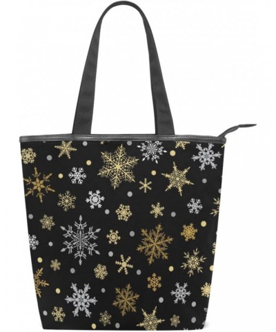 Tote Bag Christmas Gold Snowflakes Canvas Zippered Tote Handbag for Women with 2 Interior Pockets $12.64 Totes