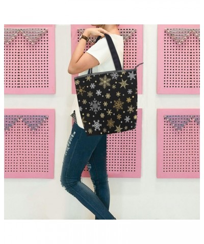 Tote Bag Christmas Gold Snowflakes Canvas Zippered Tote Handbag for Women with 2 Interior Pockets $12.64 Totes