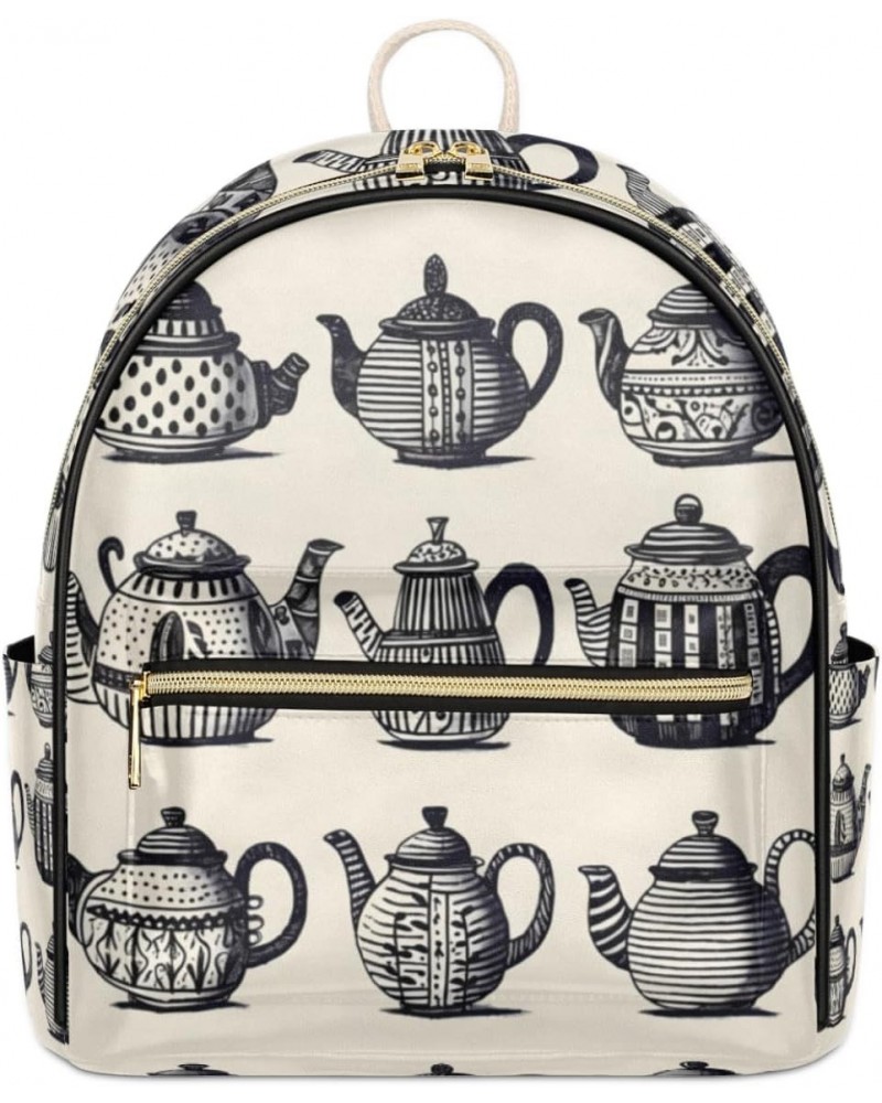 Vintage Teapot Cup Backpack Purse for Women PU Leather Lightweight Ladies Shoulder Fashion Satchel Bags Travel Casual Daypack...