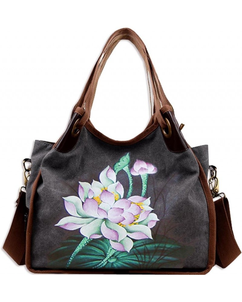 Canvas Messenger Bags Hand-painted Flowers Hobos Shoulder Bag Totes Cross-Body Bag Satchels Deep Grey $25.42 Shoulder Bags