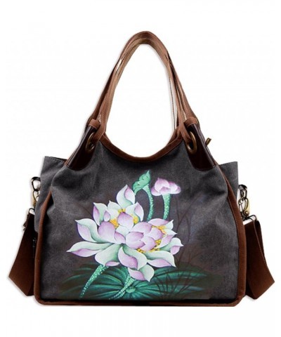 Canvas Messenger Bags Hand-painted Flowers Hobos Shoulder Bag Totes Cross-Body Bag Satchels Deep Grey $25.42 Shoulder Bags