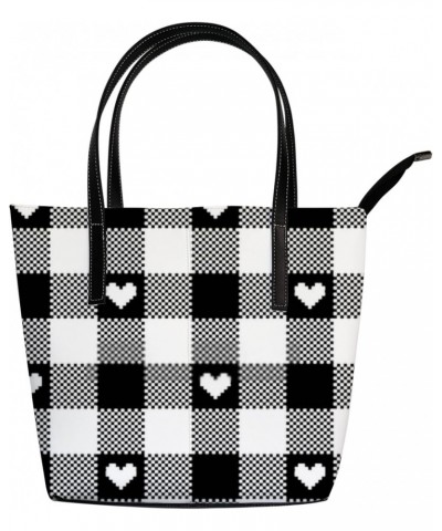 Vintage Cute Hearts and Black and White Buffalo Plaid Tote Bag for Women Leather Handbags Women's Crossbody Handbags Work Tot...