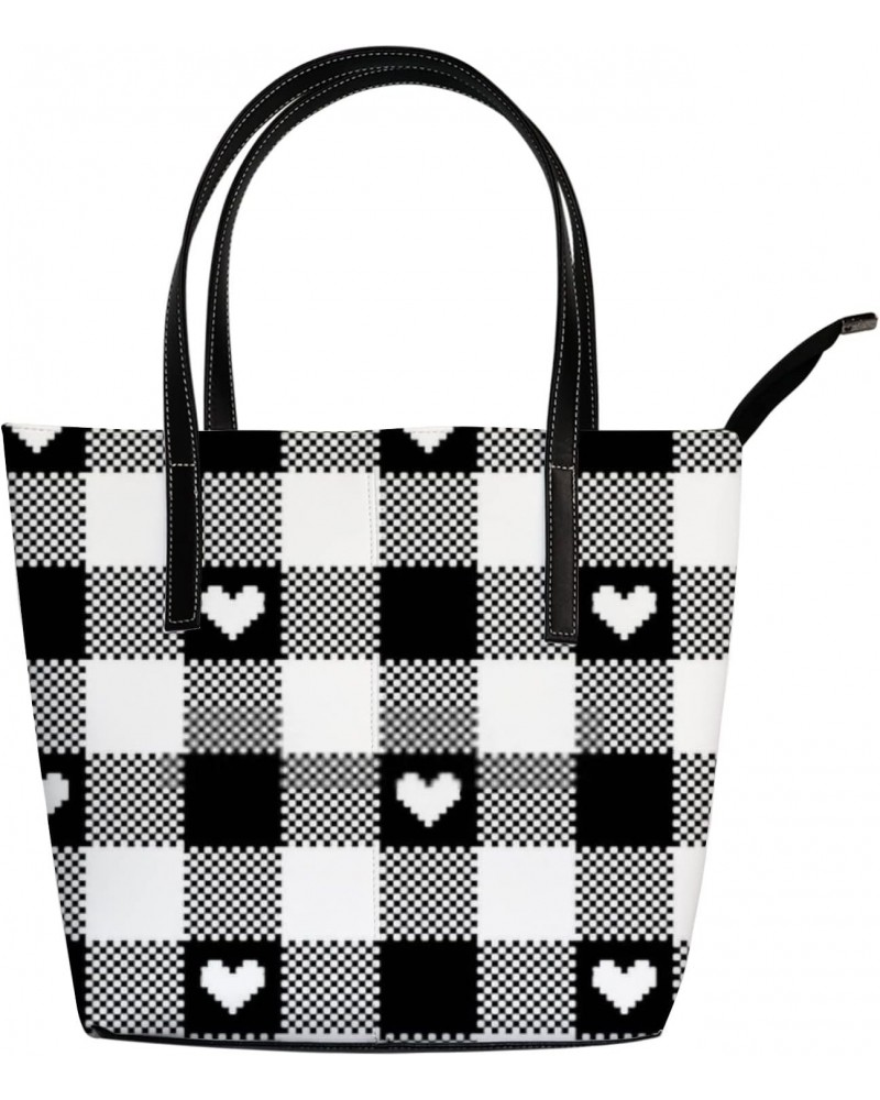 Vintage Cute Hearts and Black and White Buffalo Plaid Tote Bag for Women Leather Handbags Women's Crossbody Handbags Work Tot...