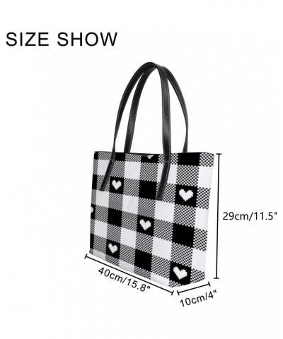 Vintage Cute Hearts and Black and White Buffalo Plaid Tote Bag for Women Leather Handbags Women's Crossbody Handbags Work Tot...