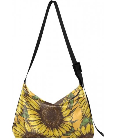 Plus Size Crossbody Bag Black and White Feathers Women Sling Bag Womens Tote Bag Hand Drawn Sunflower $11.48 Hobo Bags