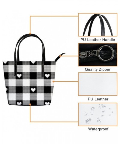 Vintage Cute Hearts and Black and White Buffalo Plaid Tote Bag for Women Leather Handbags Women's Crossbody Handbags Work Tot...