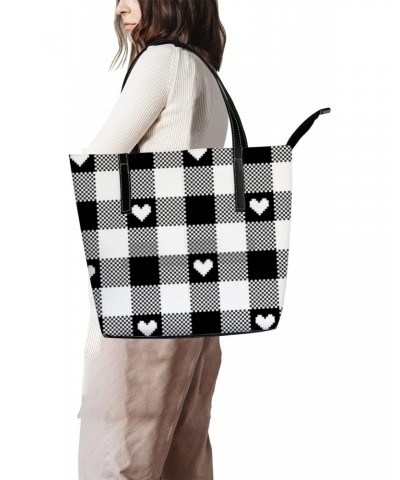 Vintage Cute Hearts and Black and White Buffalo Plaid Tote Bag for Women Leather Handbags Women's Crossbody Handbags Work Tot...