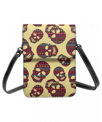 Skull Geometric Ethnic Native Tribal Design Small Crossbody Cell Phone Purse for Women Mini Messenger Leather Shoulder Wallet...