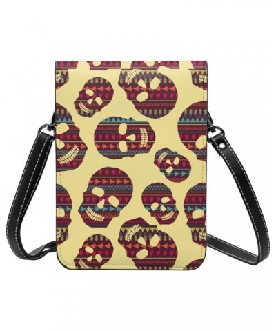 Skull Geometric Ethnic Native Tribal Design Small Crossbody Cell Phone Purse for Women Mini Messenger Leather Shoulder Wallet...