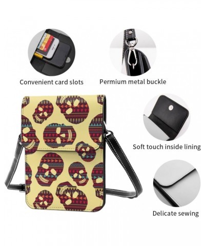 Skull Geometric Ethnic Native Tribal Design Small Crossbody Cell Phone Purse for Women Mini Messenger Leather Shoulder Wallet...