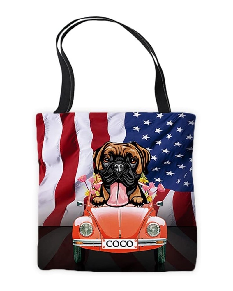 Personalized American flag Canvas Tote Bag Peeking Dog Boxer in Red Retro Car Surrounding with Flowers Handbags Boxer 2 $9.00...