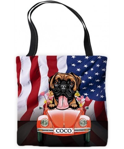 Personalized American flag Canvas Tote Bag Peeking Dog Boxer in Red Retro Car Surrounding with Flowers Handbags Boxer 2 $9.00...