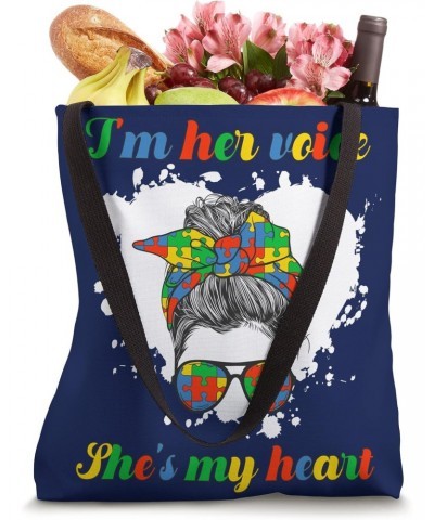 Autism awareness Mom messy bun, im her voice she's my heart Tote Bag $14.82 Totes