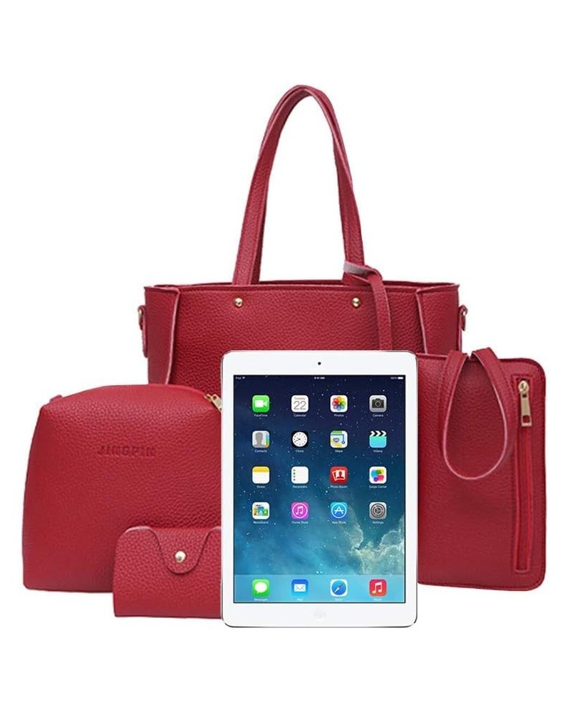 Bags Four Bag Four Tote Women Bags Pieces Wallet Handbag Shoulder Crossbody Set Bag Insulated Tote Bag (Pink, One Size) Red $...