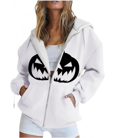 Womens Hoodies Halloween Zip Up Drawstring Y2k Coat Oversized Long Sleeve Jackets Loose Fit Sweatshirts with Pocket 5-white $...