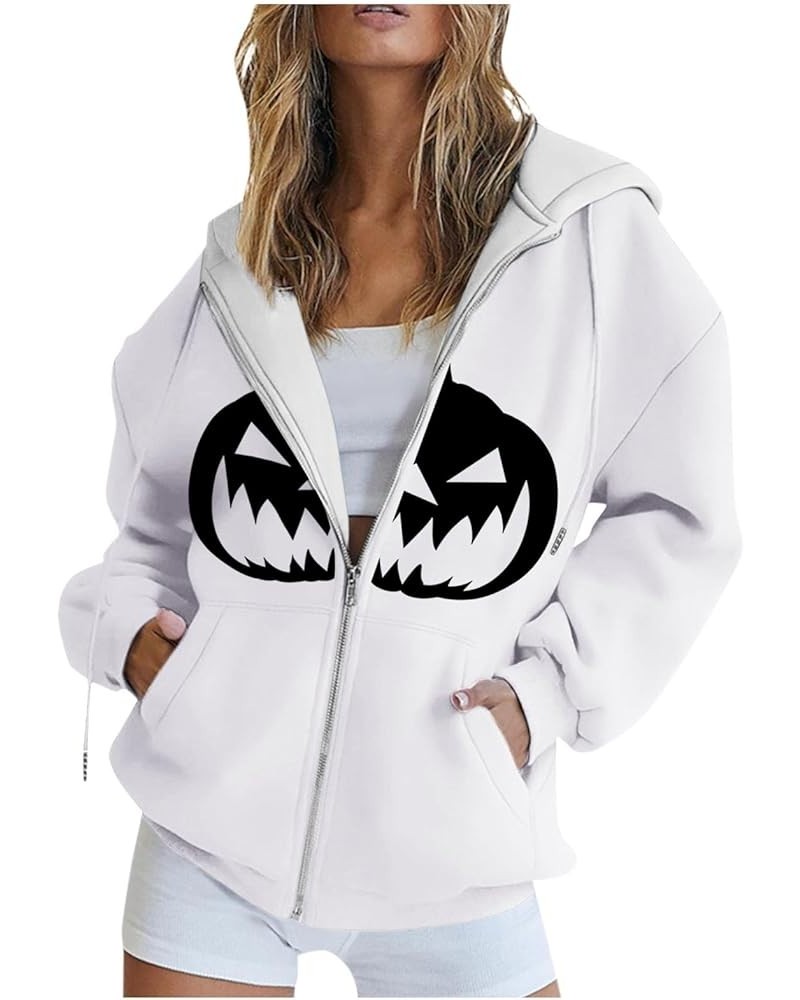 Womens Hoodies Halloween Zip Up Drawstring Y2k Coat Oversized Long Sleeve Jackets Loose Fit Sweatshirts with Pocket 5-white $...