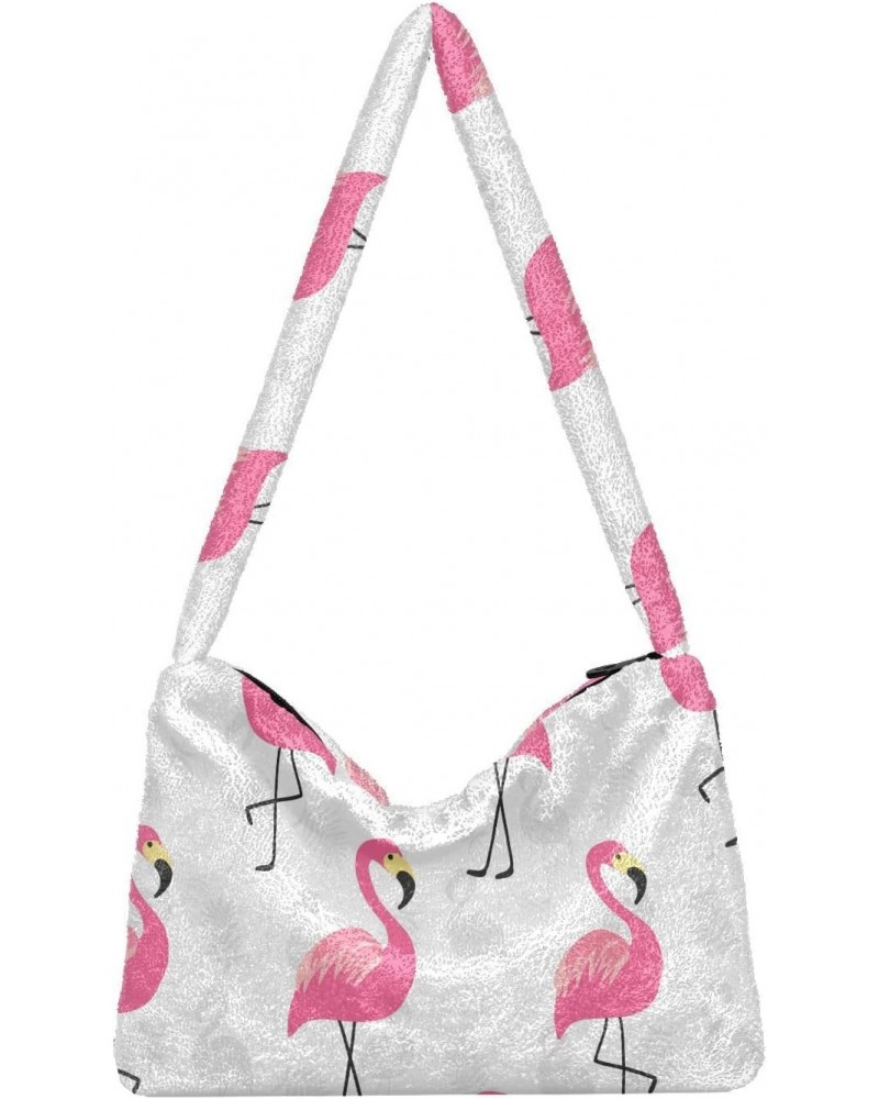 Pink Flamingo Shoulder Tote Bags for Women Furry Crossbody bag Hobo Handbag Purses for University Teen Girls $11.96 Totes