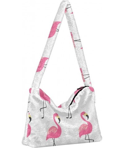 Pink Flamingo Shoulder Tote Bags for Women Furry Crossbody bag Hobo Handbag Purses for University Teen Girls $11.96 Totes