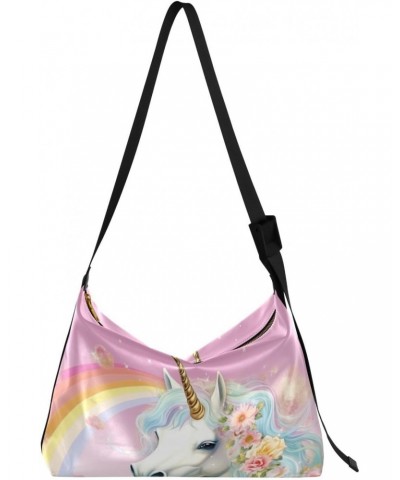 Rainbow Unicorn Pink Crossbody Bag Hobo Handbag Purse Fashion PU Leather Shoulder Bags for Women $14.96 Hobo Bags