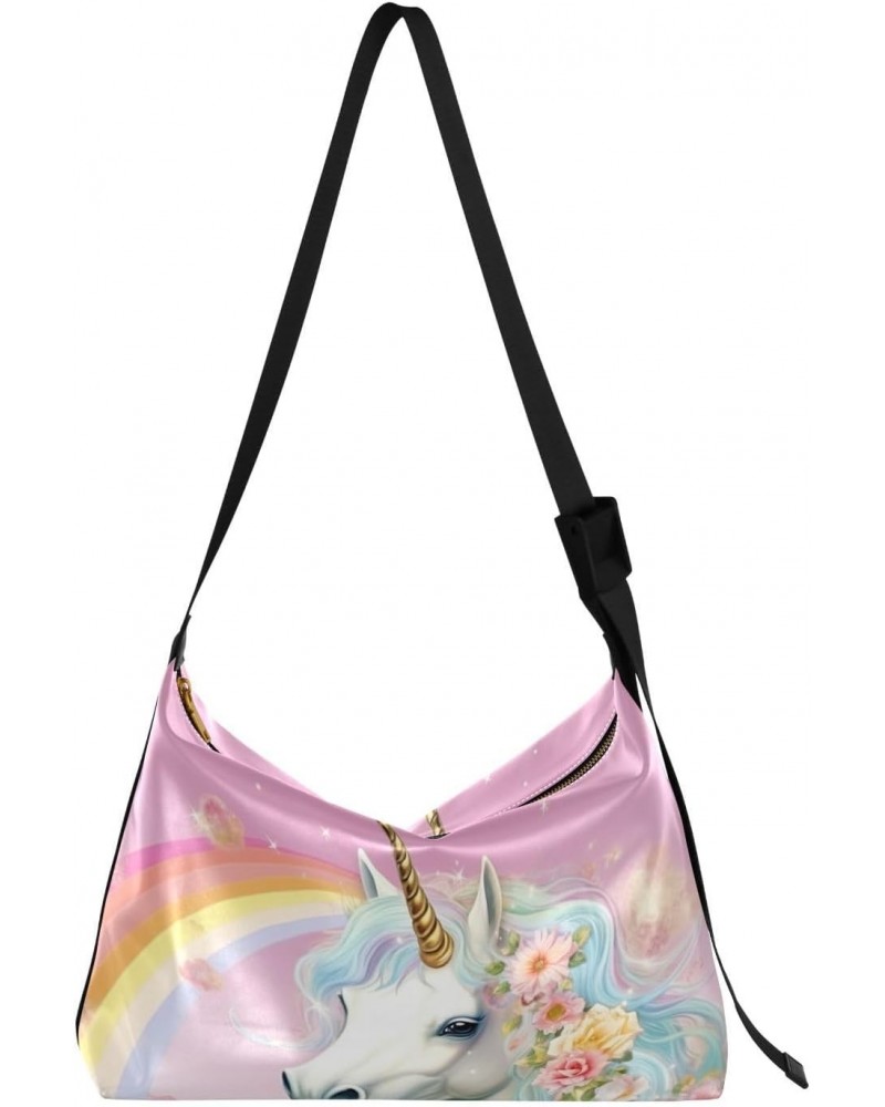 Rainbow Unicorn Pink Crossbody Bag Hobo Handbag Purse Fashion PU Leather Shoulder Bags for Women $14.96 Hobo Bags