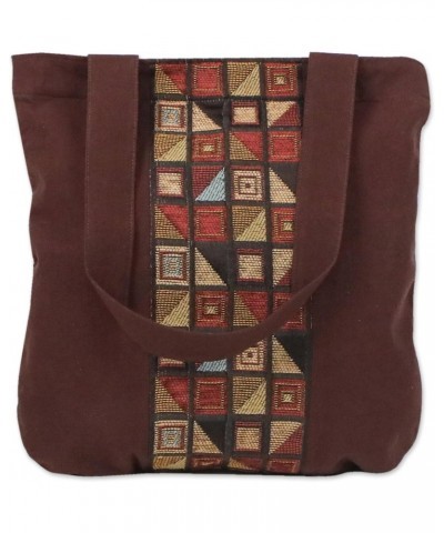 Handmade Cotton Tote Bag Geometric Motif Brown Handbag from Thailand Patterned 'Native Geometry' $23.59 Totes