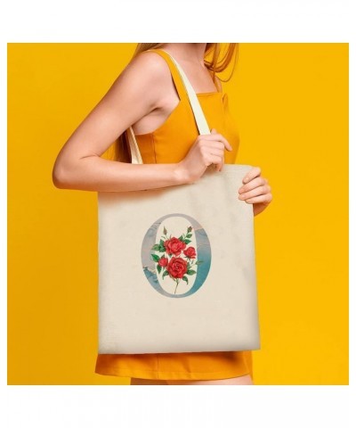 Red Rose Initial Letter Monogram Alphabet I Canvas Tote Bag with Handle Cute Book Bag Shopping Shoulder Bag for Women Girls S...