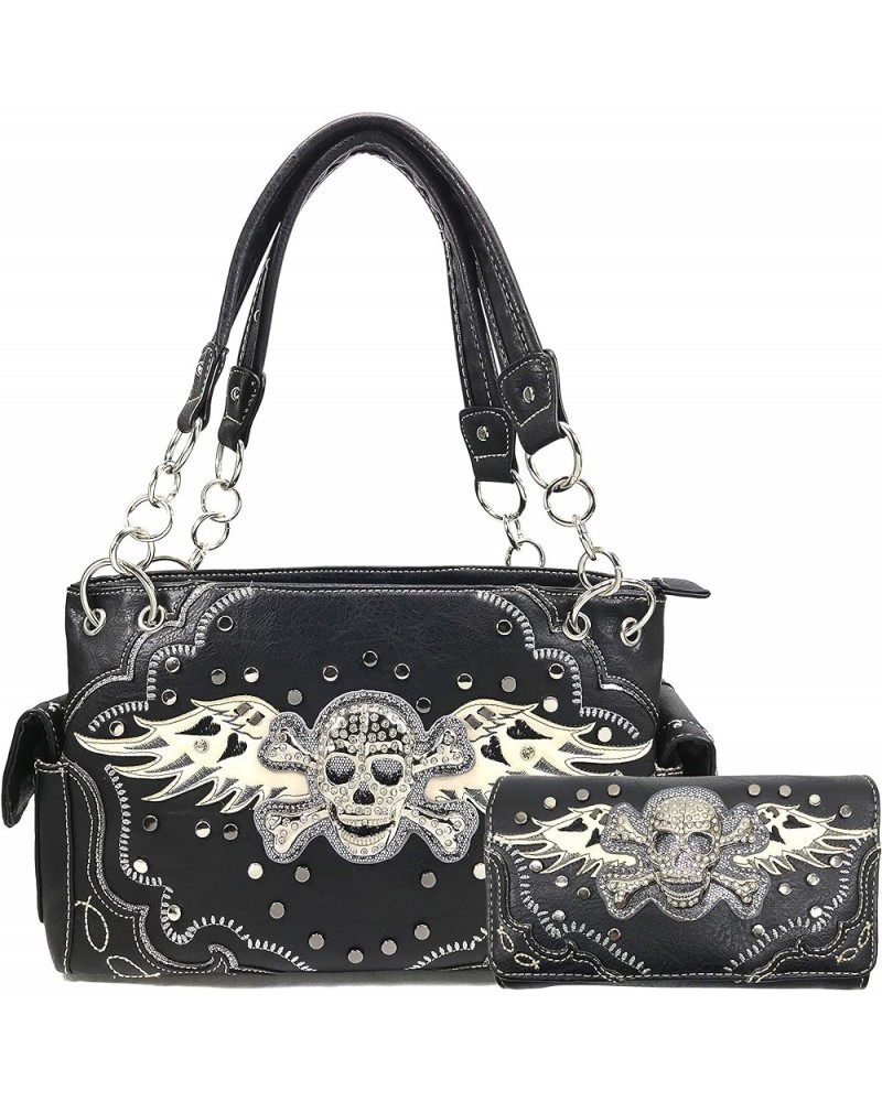 Women's Rhinestone Skull Crossbones with Angel Wings Shoulder Handbag Black Handbag Wallet Set $18.08 Shoulder Bags