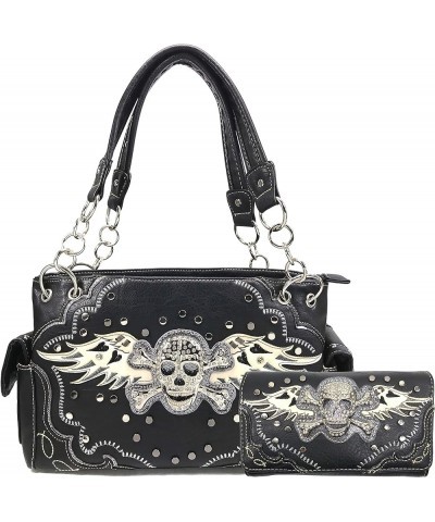 Women's Rhinestone Skull Crossbones with Angel Wings Shoulder Handbag Black Handbag Wallet Set $18.08 Shoulder Bags