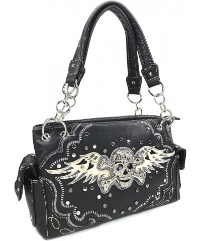 Women's Rhinestone Skull Crossbones with Angel Wings Shoulder Handbag Black Handbag Wallet Set $18.08 Shoulder Bags