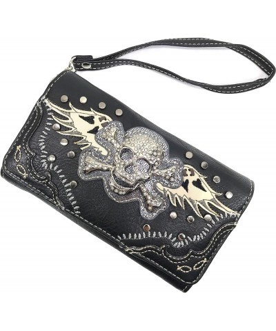 Women's Rhinestone Skull Crossbones with Angel Wings Shoulder Handbag Black Handbag Wallet Set $18.08 Shoulder Bags