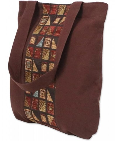 Handmade Cotton Tote Bag Geometric Motif Brown Handbag from Thailand Patterned 'Native Geometry' $23.59 Totes