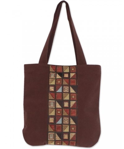 Handmade Cotton Tote Bag Geometric Motif Brown Handbag from Thailand Patterned 'Native Geometry' $23.59 Totes