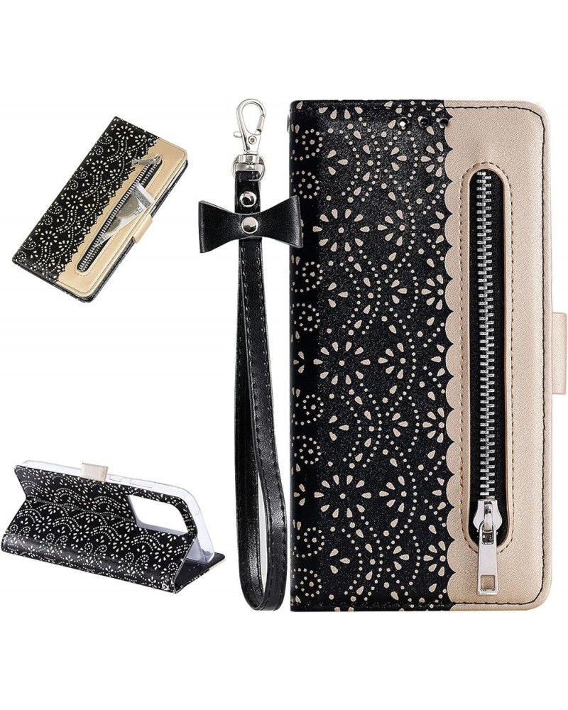 Wallet Case for Samsung Galaxy S21 6.2 Inch, Elegant Lace Flower Printed Soft PU Leather Zipper Pocket Purse Case Flip Kickst...