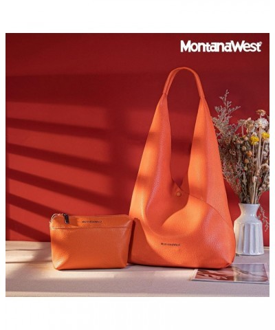 Hobo Purses for Women 2PCS Shoulder Bag Set with Comestic Bag B-orange $14.24 Totes