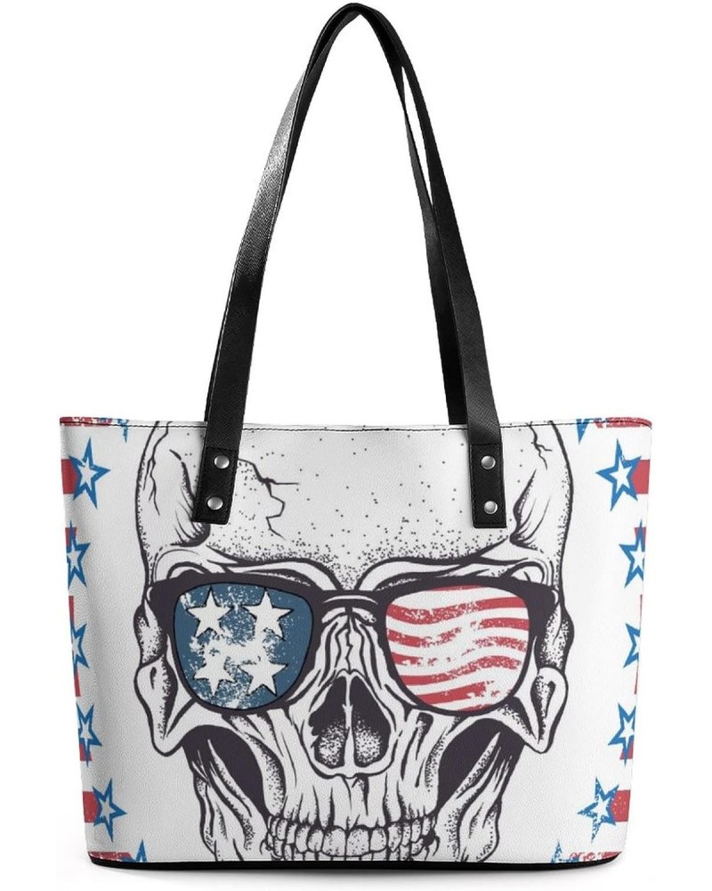 Womens Handbag American Flag Skull Leather Tote Bag Top Handle Satchel Bags For Lady $18.89 Totes