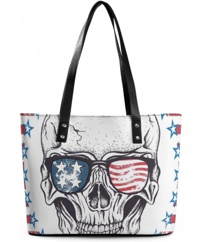 Womens Handbag American Flag Skull Leather Tote Bag Top Handle Satchel Bags For Lady $18.89 Totes