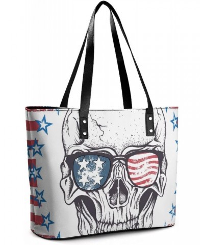 Womens Handbag American Flag Skull Leather Tote Bag Top Handle Satchel Bags For Lady $18.89 Totes